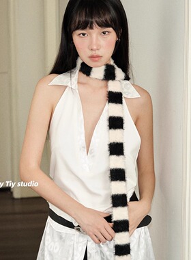 feytiy 黑白条纹细窄长条毛绒围巾y2k千禧风秋冬凹造型辣妹小围脖