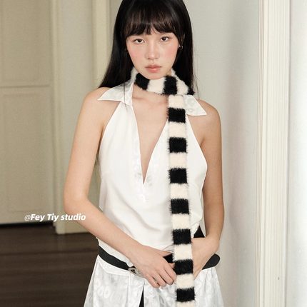feytiy 黑白条纹细窄长条毛绒围巾y2k千禧风秋冬凹造型辣妹小围脖