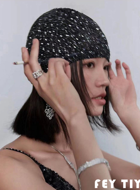 赵露思同款jennie亮片弹力冷帽女高品质包头帽辣妹风手工针织帽子