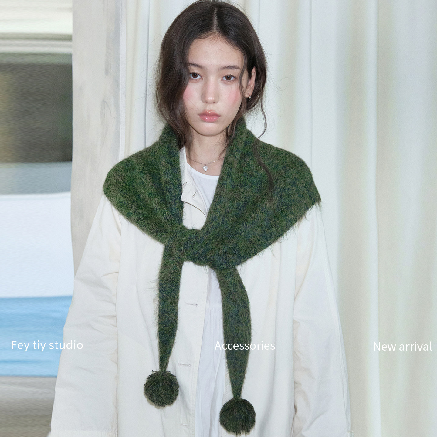 feytiy 定制纱线 毛球球含羊毛三角巾披肩女针织保暖百搭围巾围脖