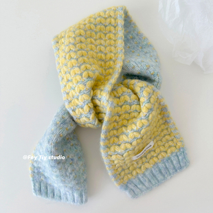 芝士奶蓝拼色针织围巾女新款 早晨 保暖百搭围脖学生 冬天 feytiy