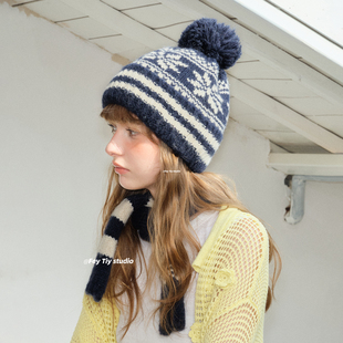 feytiy 费尔岛风毛线帽女秋冬季加厚保暖毛球针织包头帽藏青棕色