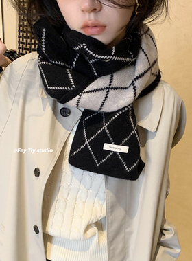 澳洲羊毛100%wool 小香风双面围巾菱形格子围脖冬季保暖韩版情侣