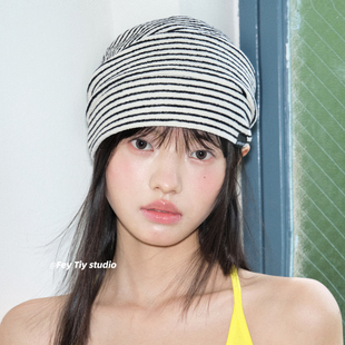 feytiy 时髦设计 简约经典条纹包头帽春夏冷帽透气百搭堆堆帽男女