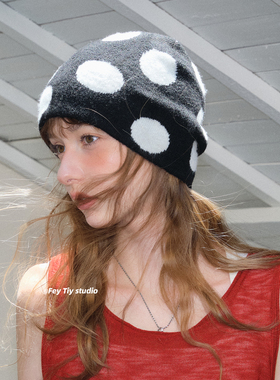 feytiy 定制波点 软糯针织帽秋冬时髦复古包头帽围巾套装保暖百搭