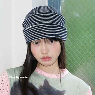 feytiy 显高颅顶 时髦条纹包头帽春夏潮酷百搭韩版冷帽堆堆帽男女