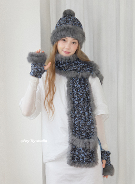 feytiy 纯手工钩织兔毛绒帽子围巾手套三件套女 冬季保暖加厚套装