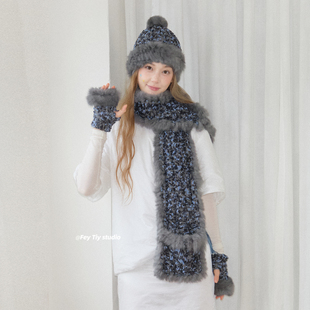 保暖加厚套装 冬季 纯手工钩织兔毛绒帽子围巾手套三件套女 feytiy
