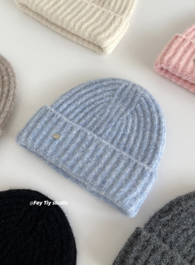 feytiy 含羊毛 高品质针织毛线帽显脸小百搭毛线冷帽蓝色秋冬新款