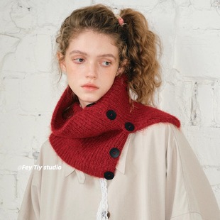 feytiy 毛线裙帘子针织套头高领秋冬围脖 时髦复古保暖小披肩脖套