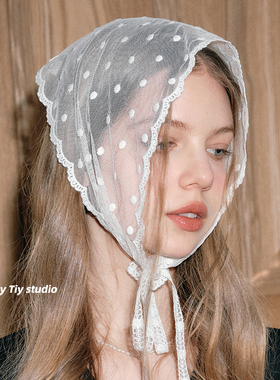 feytiy 简约波点百搭三角巾包头巾领巾复古法式蕾丝少女装饰春夏