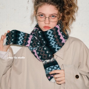 feytiy 保暖百搭仿羊绒围脖女韩国ins 几何图案复古绿针织围巾冬季