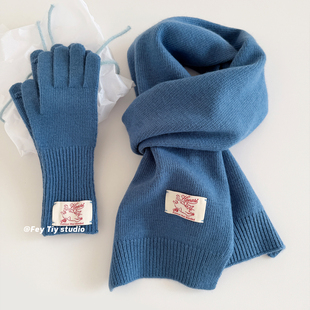 保暖纯色针织围脖男女百搭时尚 feytiy 冬季 羊毛围巾手套 柏林蓝