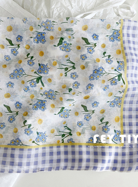 Daisy小雏菊紫色棉麻柔软方巾 包头头巾发带小丝巾女碎花装饰领巾