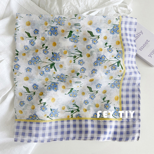 Daisy小雏菊紫色棉麻柔软方巾 饰领巾 包头头巾发带小丝巾女碎花装