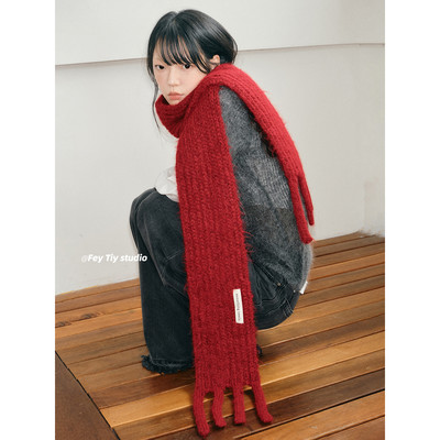 韩国设计款长围巾红色百搭保暖