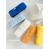 feytiy 古早感粗毛线镂空 纯手工钩针织毛线长围脖女春秋蓝色围巾