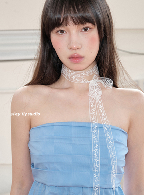 feytiy 小众意式古董蕾丝细窄飘带chocker长条个性小丝巾绑发y2k