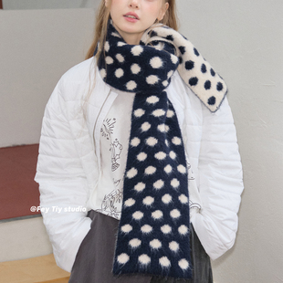时髦复古双面围巾冬季 藏蓝波点 保暖百搭围脖男女 绵密感 feytiy