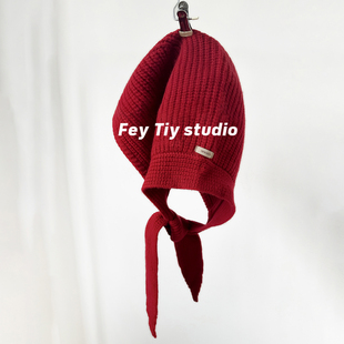 feytiy100%澳洲羊毛柔软护耳系带针织拉法帽红连帽围巾女冬季 保暖