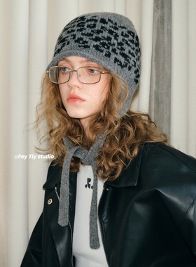 feytiy 100%wool纯羊毛护耳帽2026秋冬新款豹纹灰色针织帽毛线帽