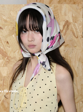 feytiy 波点星星丝巾 女春夏季仿真丝方巾装饰头巾百搭围巾