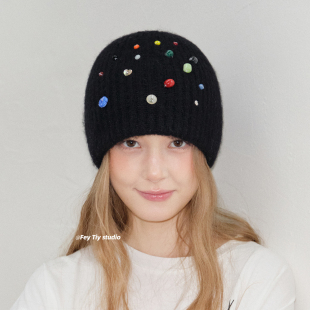 保暖防寒显脸小冷帽男 彩色珠子针织毛线帽女冬季 feytiy 手工串珠