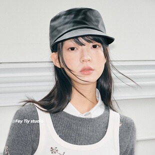 大头围pu皮秋冬新款 小众设计马术帽 报童帽鸭舌帽百搭 个性 feytiy