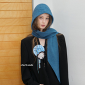 feytiy 克莱茵蓝 麻花针织连帽围巾一体秋冬保暖毛线百搭拉法帽女