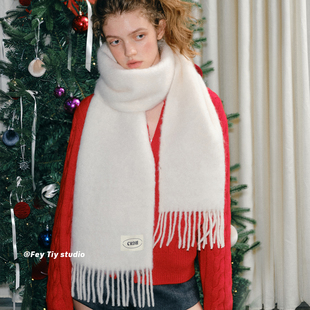 加厚披肩围脖男 羊毛混纺绒感保暖纯色围巾女冬季 feytiy 定纺奶白