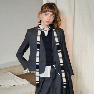 feytiy 秋冬针织长条围脖凹造型百搭时髦细窄毛线 条纹腊肠小围巾