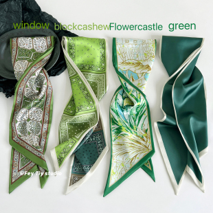 百搭装 植物印花丝巾绑发绑包春夏新款 饰飘带领巾女 雪松绿 feytiy