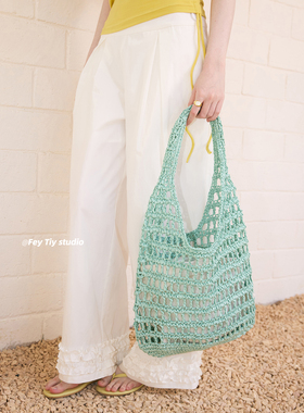 feytiy 镂空草编单肩包新款设计托特手提草包编织包沙滩包韩版ins