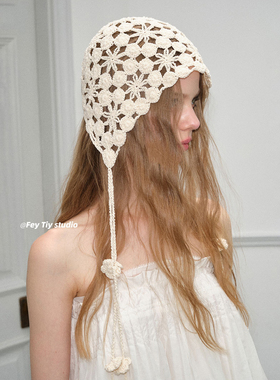 feytiy 小众设计手工钩花镂空包头帽甜酷百搭针织流苏套头帽少女