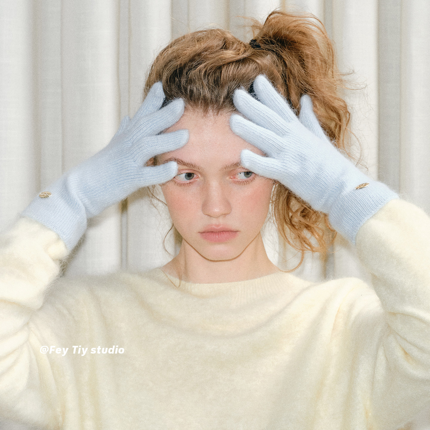 feytiy 婴儿蓝 兔毛混纺可触屏针织五指手套女冬季百搭保暖分指韩