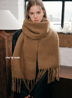 FeyTiy 美拉德棕羊毛软糯纯色围巾秋冬保暖欧美百搭流苏围脖情侣
