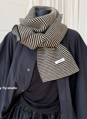 feytiy 纯羊毛 时髦复古百搭条纹针织围巾冬保暖黑白羊毛围脖男女