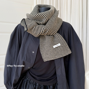 feytiy 时髦复古百搭条纹针织围巾冬保暖黑白羊毛围脖男女 纯羊毛