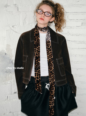 feytiy 丝绒豹纹飘带围巾 时髦复古秋冬细窄长条丝巾男女百搭y2k