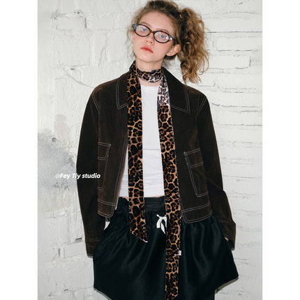 feytiy 丝绒豹纹飘带围巾 时髦复古秋冬细窄长条丝巾男女百搭y2k