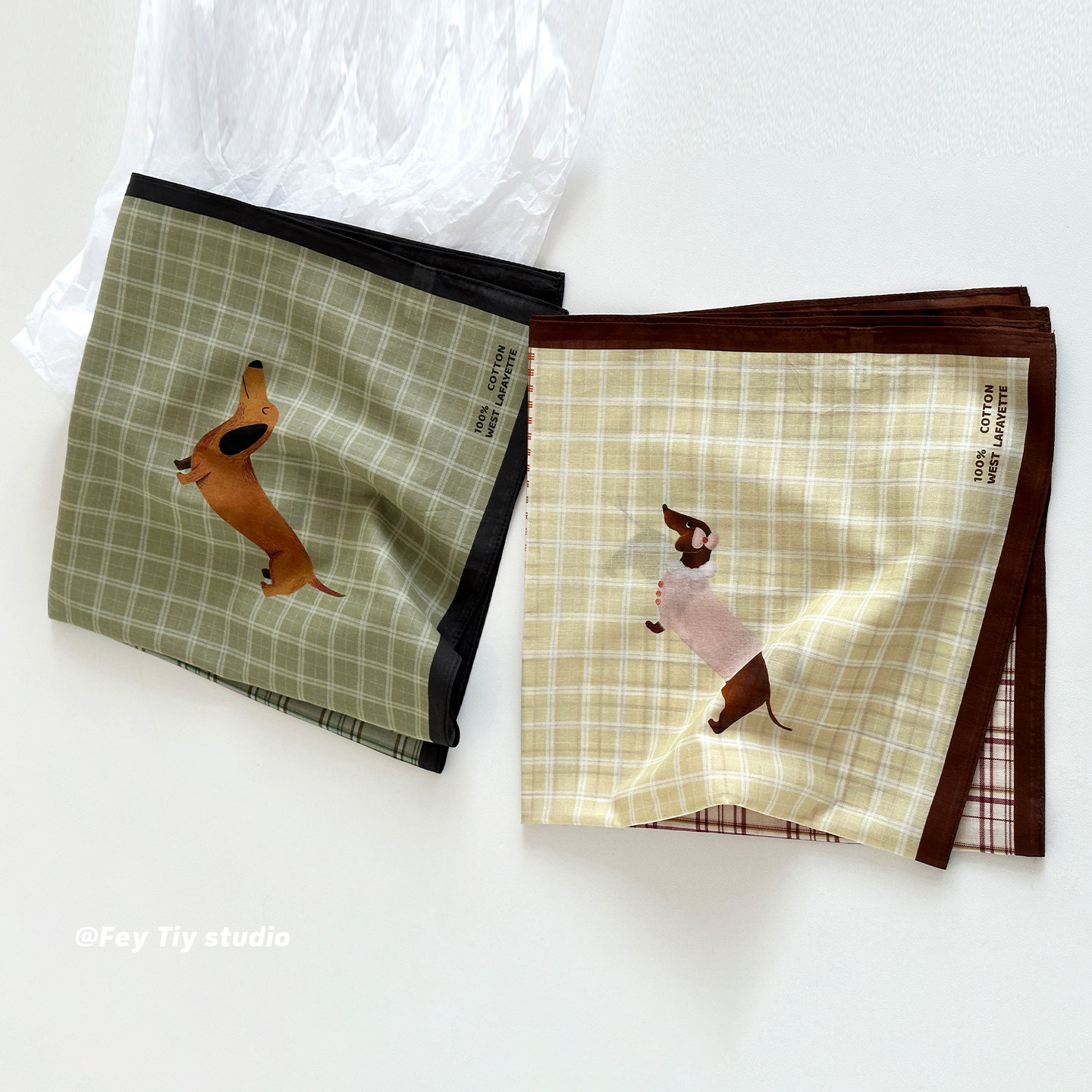 feytiy 腊肠狗卡通纯棉方巾男女通用春夏季薄款装饰丝巾百搭头巾