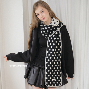 feytiy 定制泡芙波点 针织围巾披肩女冬季加厚保暖黑白撞色边围脖