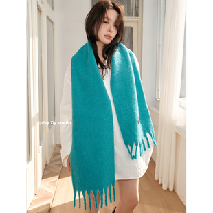 FeyTiy 高级水蓝色 超显白含羊毛马海毛围巾纯色围脖秋冬保暖披肩
