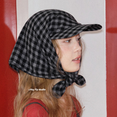 feytiy 磨毛棉格纹头巾棒球帽男女 秋冬护耳显脸小绑头鸭舌帽百搭