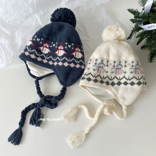 feytiy 小雪人毛线包头帽女冬护耳绑带针织可爱流苏帽保暖 下雪啦