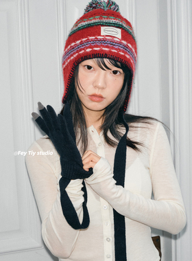 feytiy 时髦复古氛围感毛球帽可拆卸手套秋冬ins新款针织保暖百搭