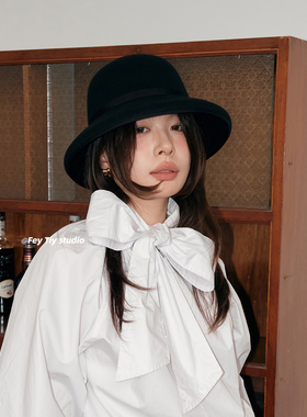 纯羊毛fever同款帽子 百搭显脸小毛呢盆帽赫本风法式礼帽英伦复古