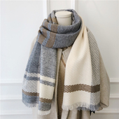 加厚仿羊绒长款 气质款 日系拼色几何保暖围巾女冬季 披肩围脖男女