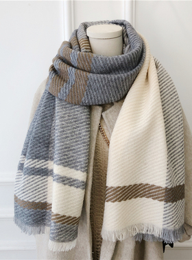 气质款~ 日系拼色几何保暖围巾女冬季加厚仿羊绒长款披肩围脖男女