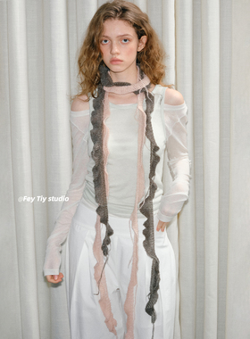 feytiy 不规则双色针织细长围巾小众轻亚y2k少女装饰窄长款领巾潮